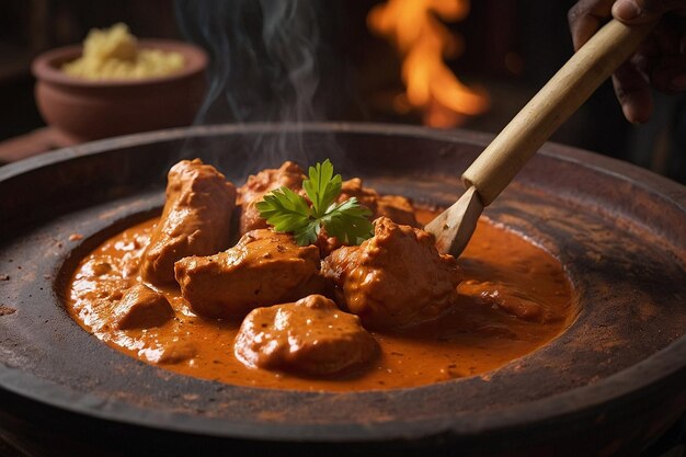 Foto el pollo con mantequilla cocinado en un tradicional tand de arcilla