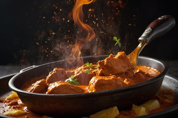 Foto el pollo con mantequilla se flamea para añadir sabor