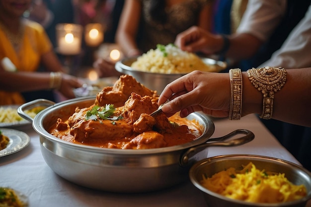 Foto el pollo con mantequilla se sirve en un banquete de boda