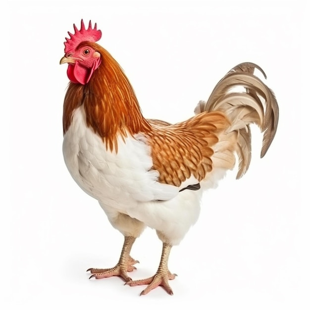 Un pollo marrón y blanco con un peine rojo y un peine rojo.