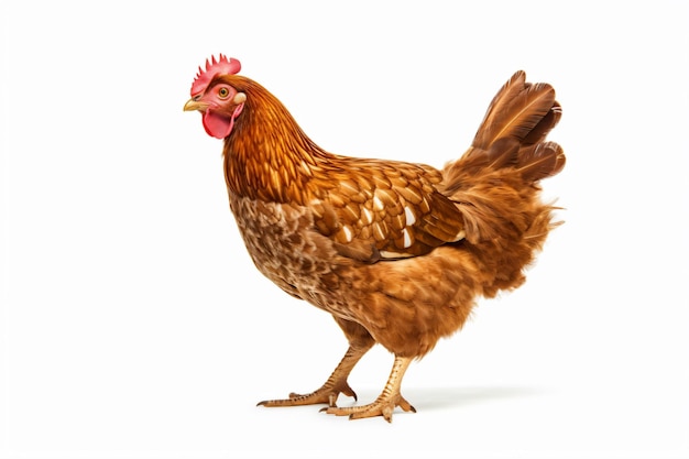 Un pollo marrón con una cresta roja en la cabeza.