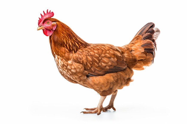 Un pollo marrón con un peine rojo en la cabeza.