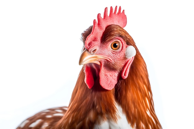 Foto un pollo marrón con un peine rojo y ojos amarillos aislados en un fondo blanco
