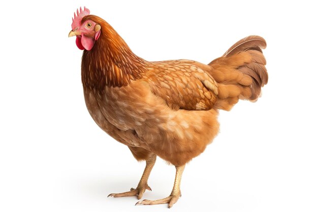 El pollo marrón de pie sobre un fondo blanco mirando a la cámara con ojos brillantes