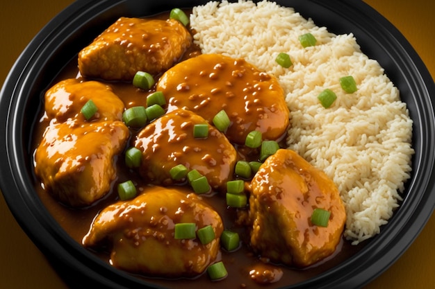 pollo a la naranja con arroz en un recipiente para llevar