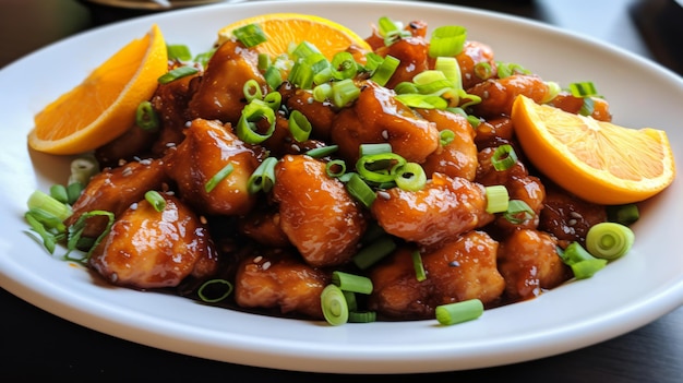 Pollo naranja asiático con cebollas verdes