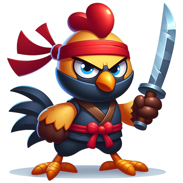 pollo ninja con espada dibujos animados aislados fondo blanco