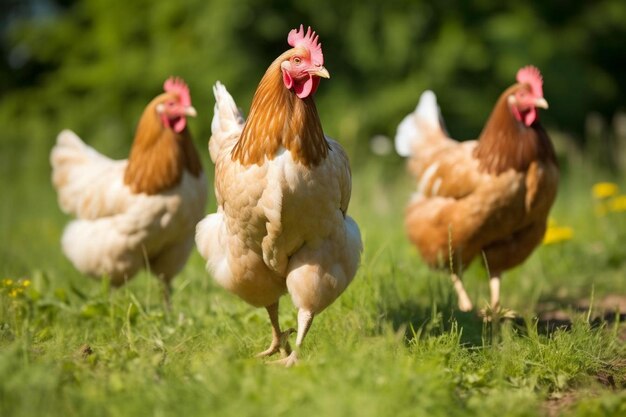 Pollo o gallina en un prado verde agudeza selectiva varios pollos fuera de foco en el fondo