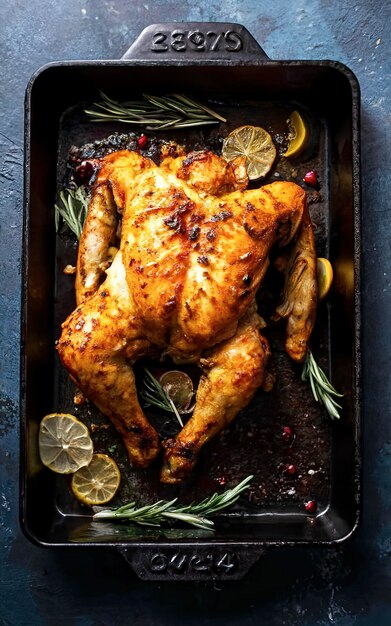 Pollo o pavo frito en una bandeja de horneado oscura vista de arriba hacia abajo