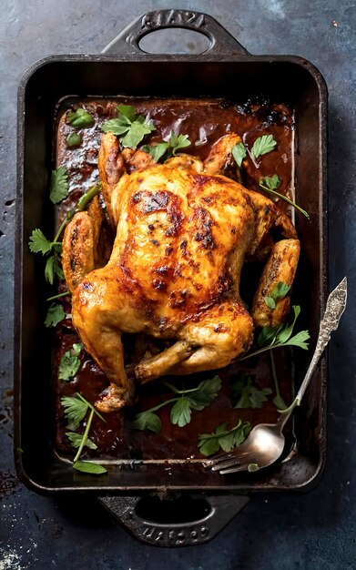 Pollo o pavo frito en una bandeja de horneado oscura vista de arriba hacia abajo