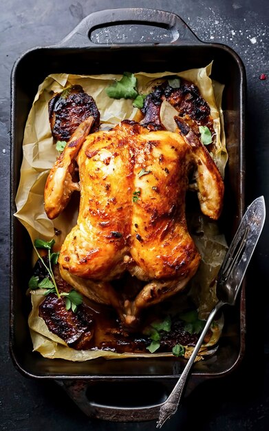 Pollo o pavo frito en una bandeja de horneado oscura vista de arriba hacia abajo