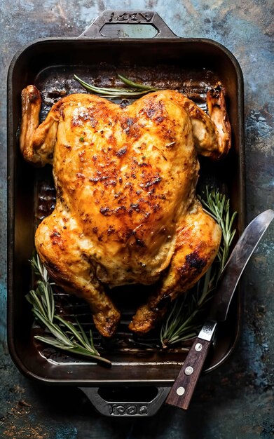 Pollo o pavo frito en una bandeja de horneado oscura vista de arriba hacia abajo