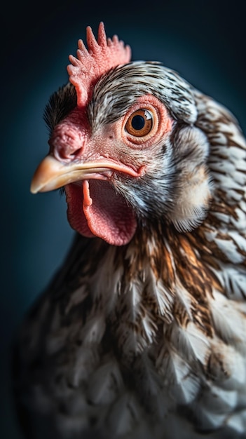 Un pollo con un ojo amarillo.