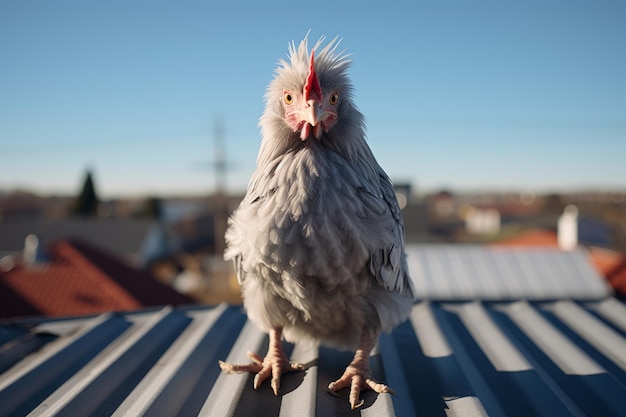 un pollo parado encima de un techo