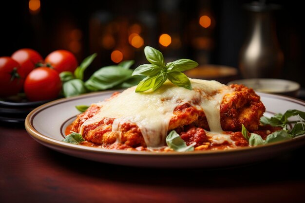 Un pollo parmesano bellamente decorado es servido en un plato blanco