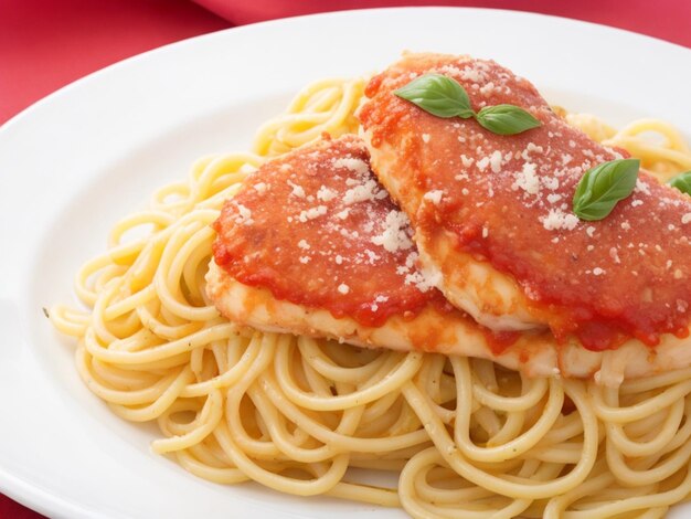 Pollo parmesano con pasta y guarniciones