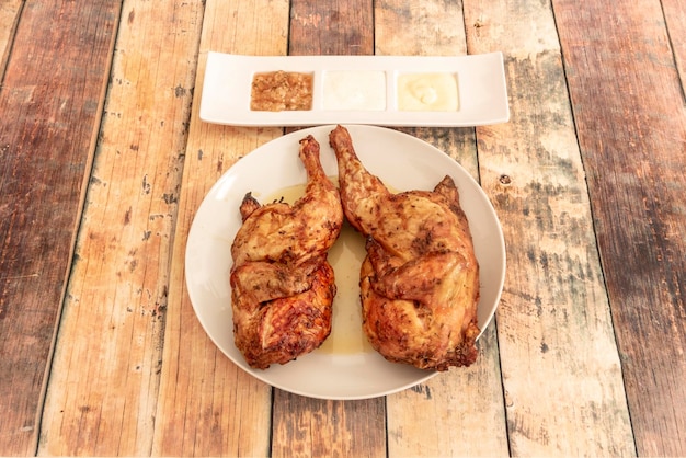 Pollo a la parrilla de carbón cortado por la mitad con salsas en un plato blanco