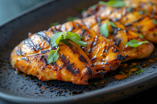 Pollo a la parrilla elegante en un plato negro