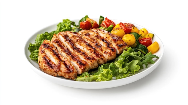 Pollo a la parrilla con un lado de verduras mezcladas hermosamente dispuestas en un plato blanco y aisladas sobre un fondo blanco para un aspecto limpio