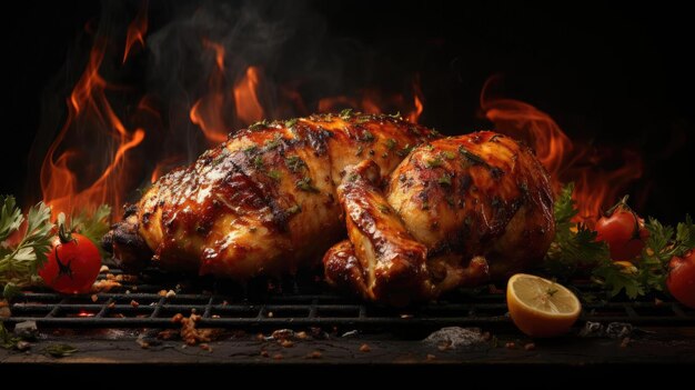 Pollo a la parrilla lleno de hierbas y verduras en un fondo borroso