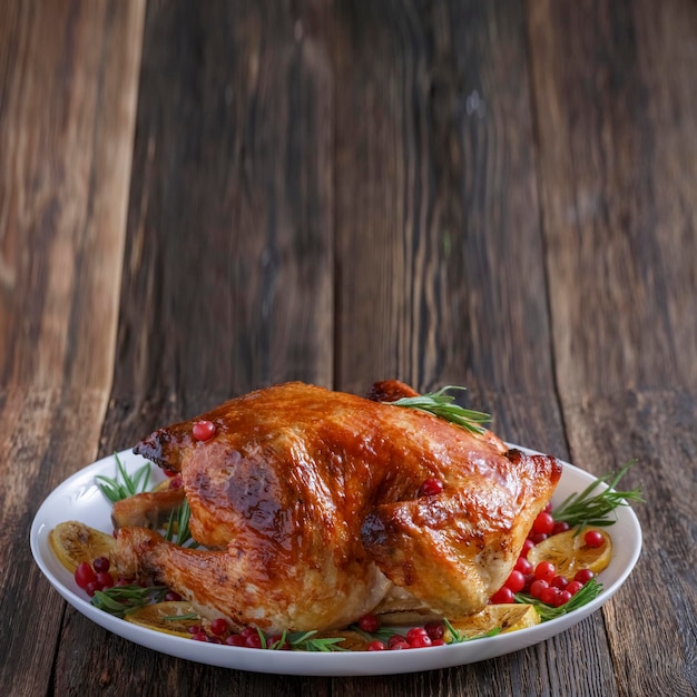 Pollo a la parrilla en la mesa de la cena de Navidad o Acción de Gracias