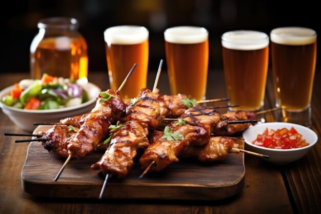 Pollo a la parrilla en pinzas de bambú con un vuelo de cerveza