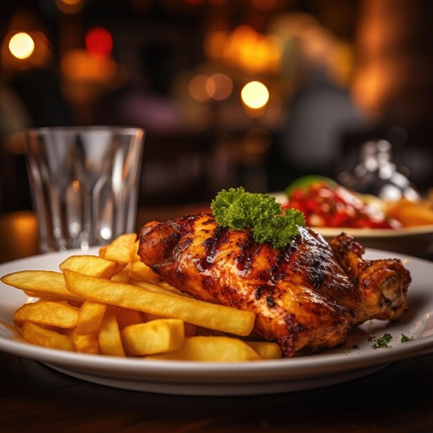 Pollo a la parrilla con una porción de papas fritas restaurante borroso en el fondo