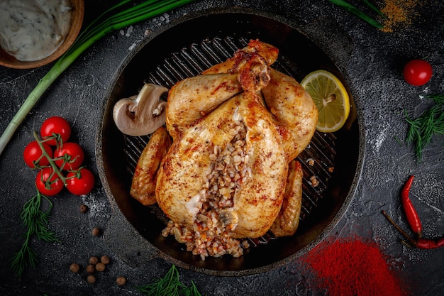 Pollo a la parrilla relleno de trigo sarraceno sobre una mesa de piedra oscura con crema de verduras y salsa de tomate Servido en una sartén Servicio de entrega de restaurante de comida rápida