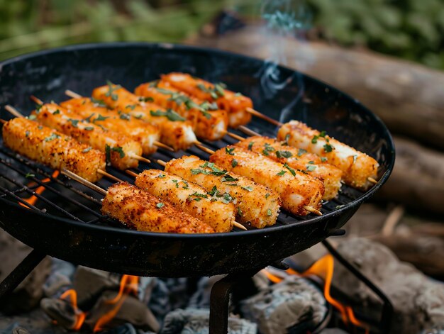 Foto pollo a la parrilla en salchichas en una fogata