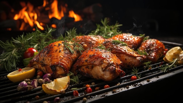 Foto pollo a la parrilla con salsa de barbacoa sobre un fondo negro y borroso