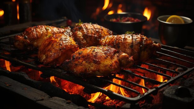 Foto pollo a la parrilla con salsa de barbacoa sobre un fondo negro y borroso