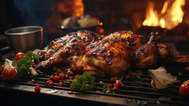 Pollo a la parrilla con salsa barbacoa sobre un fondo negro y borroso