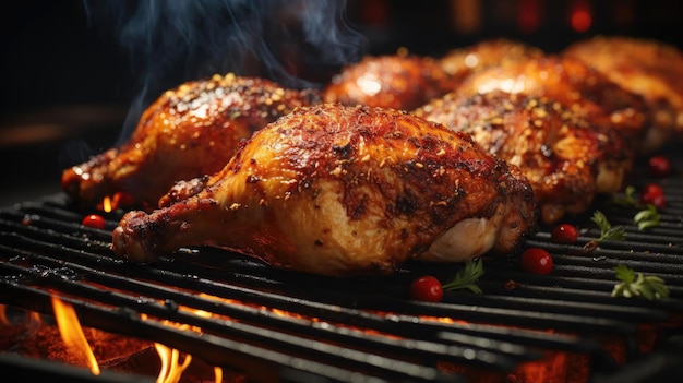 Foto pollo a la parrilla con salsa barbacoa sobre un fondo negro y borroso