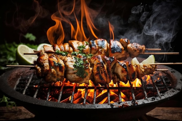 Pollo a la parrilla Shashlik en brochetas de metal IA generativa