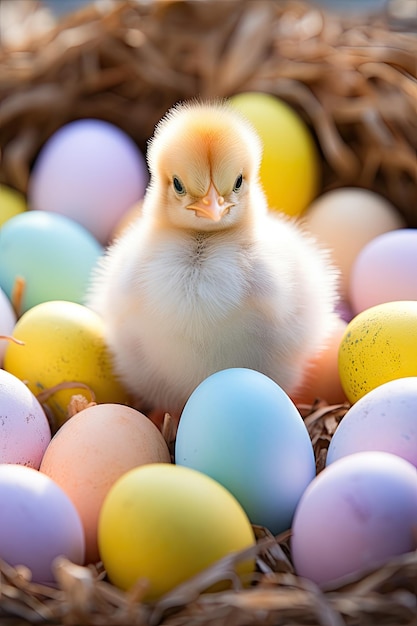 El pollo de Pascua en el nido con huevos de colores