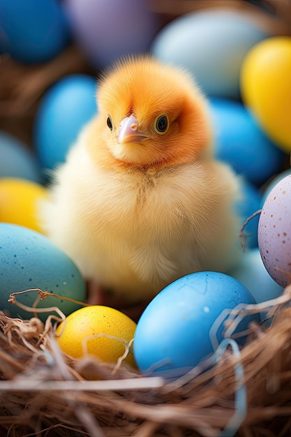 El pollo de Pascua en el nido con huevos coloridos el fondo de las vacaciones de Pascua