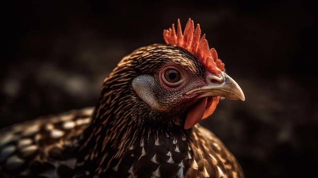 Un pollo con un peine rojo en la cabeza.