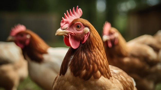 Un pollo con un peine rojo en la cabeza.