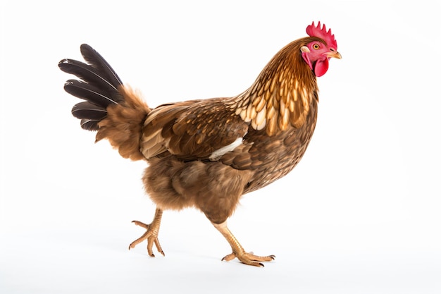 un pollo con un peine rojo caminando sobre una superficie blanca