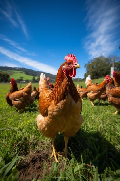 Un pollo con un peine rojo se para en un campo.