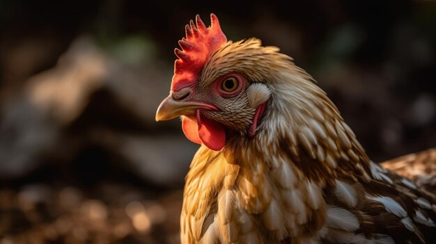 Un pollo con un peine rojo y ojos amarillos.