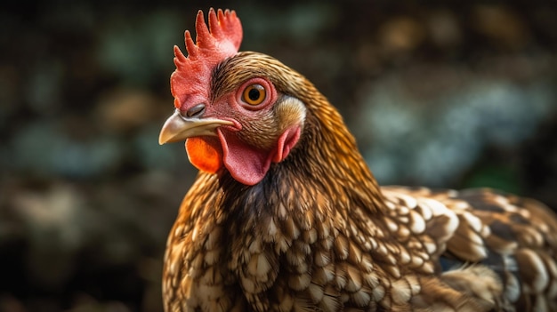 Un pollo con un peine rojo y ojos rojos.