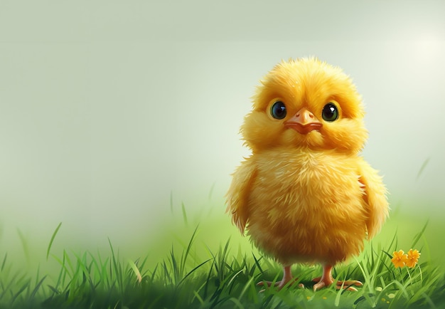 Foto un pollo peluche amarillo de pie en el césped verde