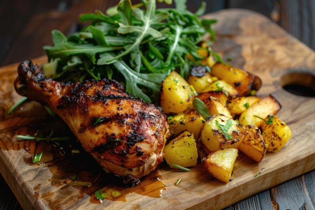 Pollo peruano à la Brasa com batatas e salada a bordo