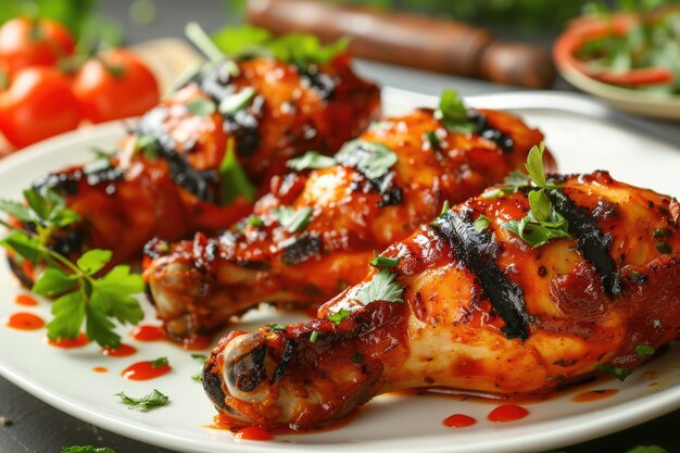 Foto pollo picante 65 una auténtica comida india delicioso plato de pollo con tomates perfecto para la cena