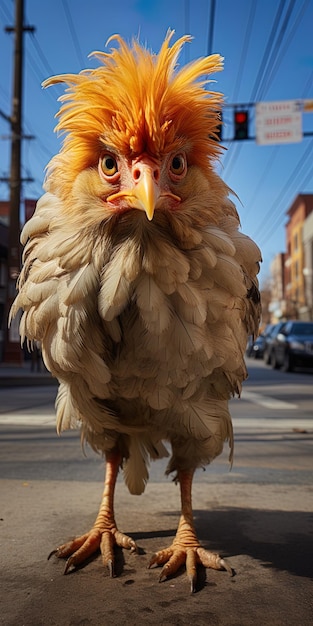 un pollo con un pico amarillo está caminando por la calle.