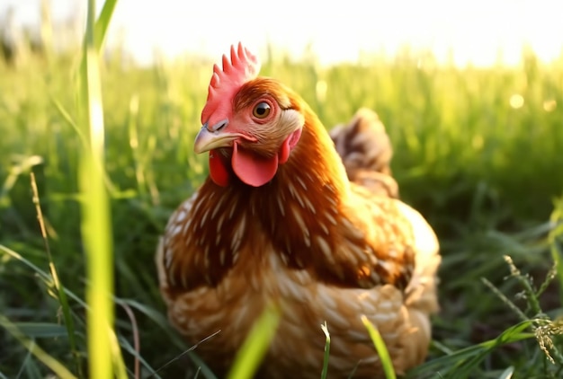 El pollo de pie en un campo de flores silvestres