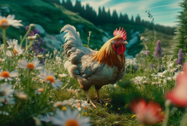 El pollo de pie en un campo de flores silvestres