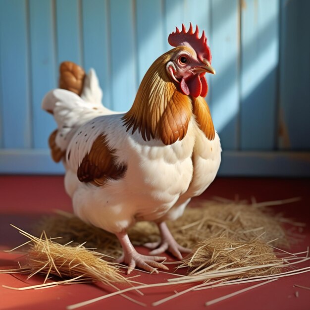 un pollo de pie frente a un granero