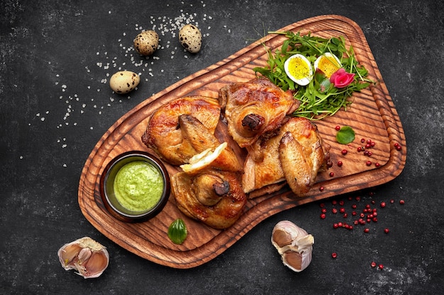 Pollo a la plancha con hierbas y salsa sobre una tabla de madera sobre un fondo negro